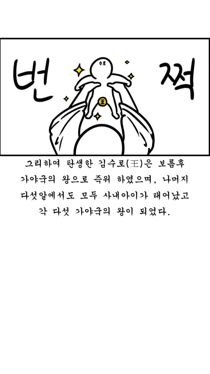 그리하여 탄생한 김수로왕은 보름후 가야국의 왕으로 즉위하였으며, 나머지 다섯알에서도 모두 사내아이가 태어났고 각 다섯 가야국의 왕이 되었다.